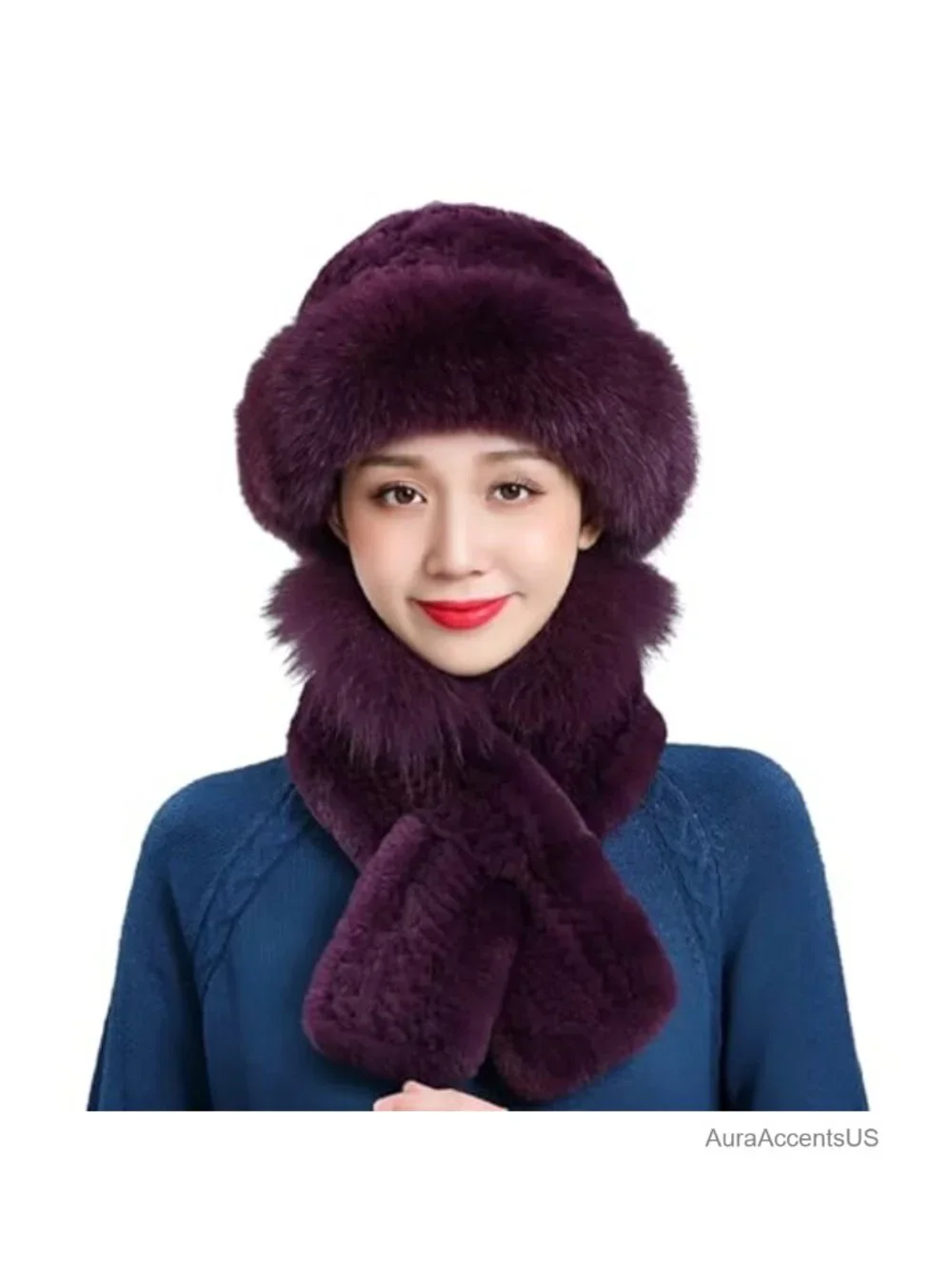 Faux Rabbit Fur Trimmed Cloche Hat with Scarf Set Furry Warm Winter Accessory